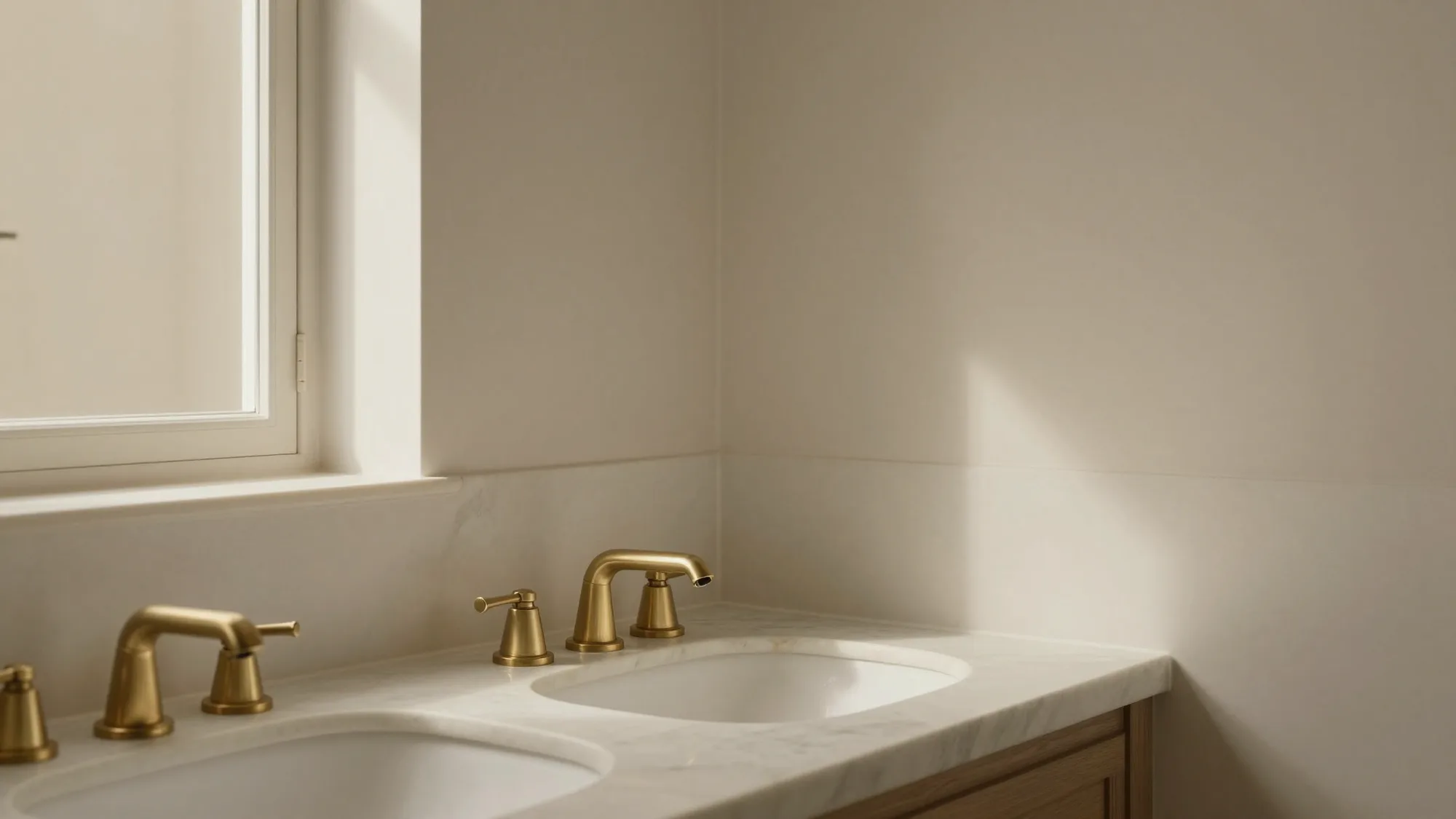 A serene bathroom design atelier: freestanding stone bath, brushed-brass brassware and marble, in warm morning light