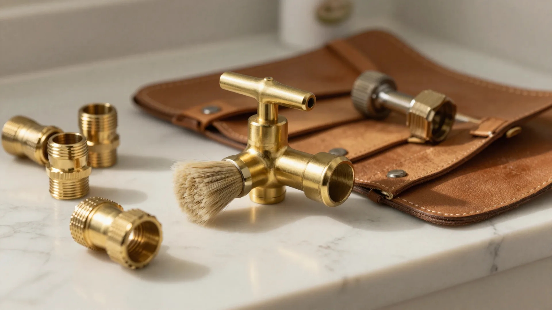 Brushed brass tap fittings laid out beside an open leather tool roll