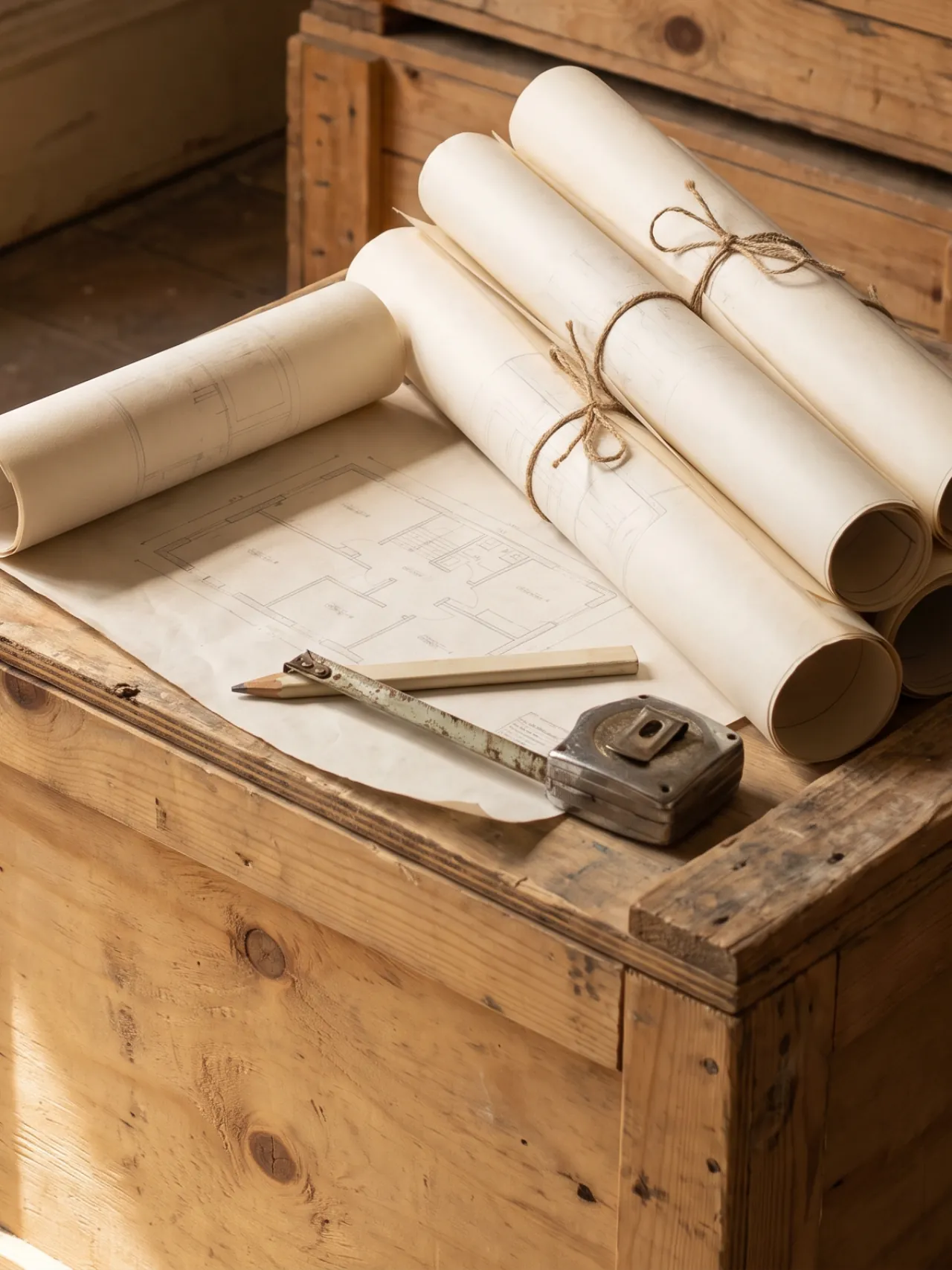 Rolled site drawings tied with twine on a timber crate, a floor plan spread open beneath a folding rule and tape measure