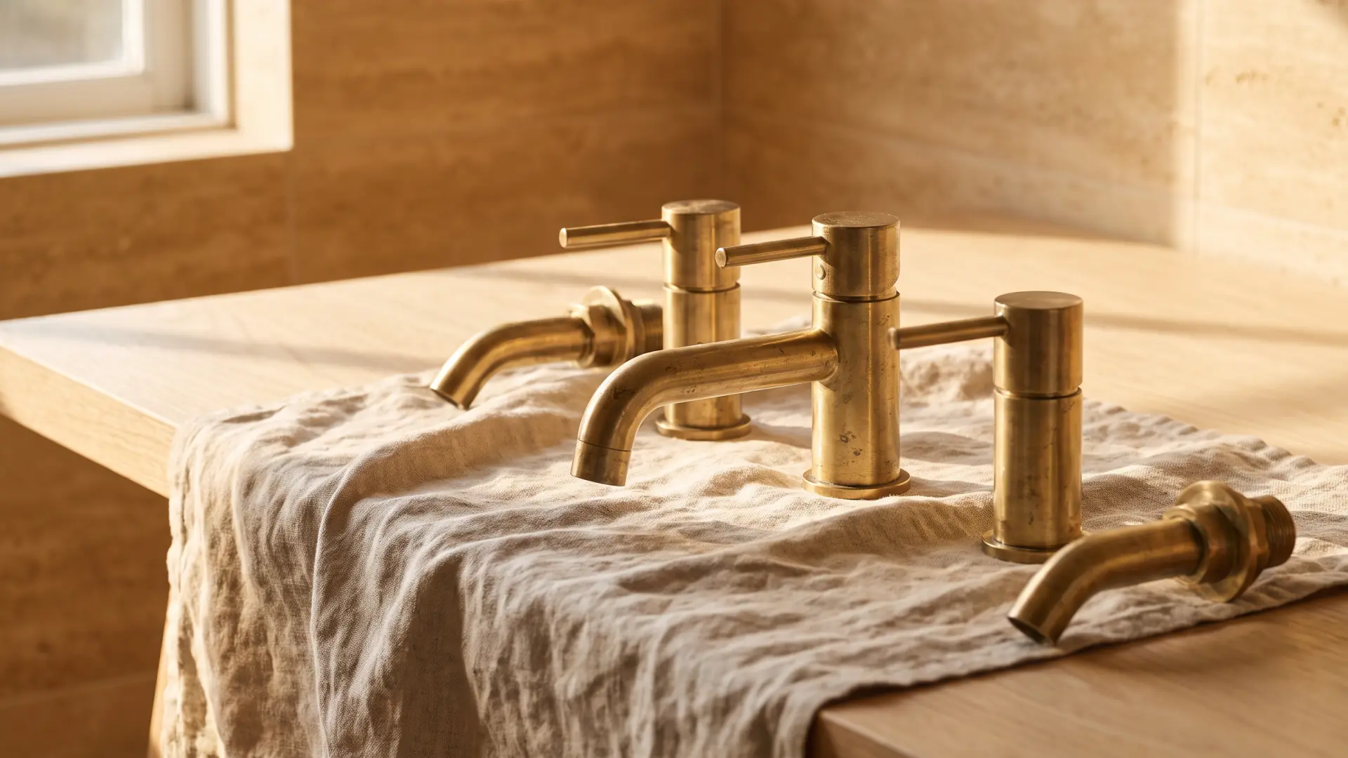 Aged brushed brass taps laid out on linen over an oak bench