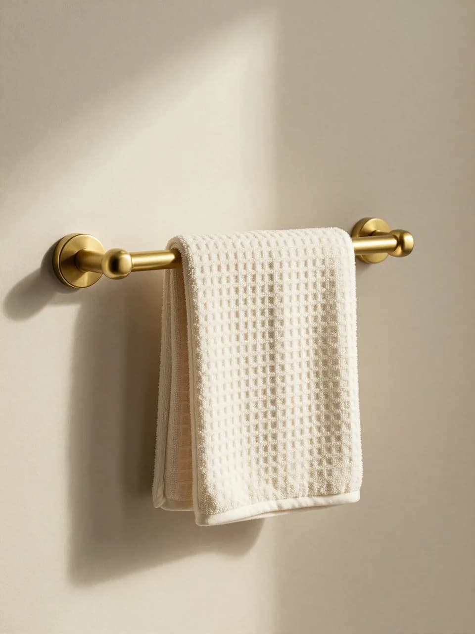 A brushed brass towel rail with a folded waffle-weave towel