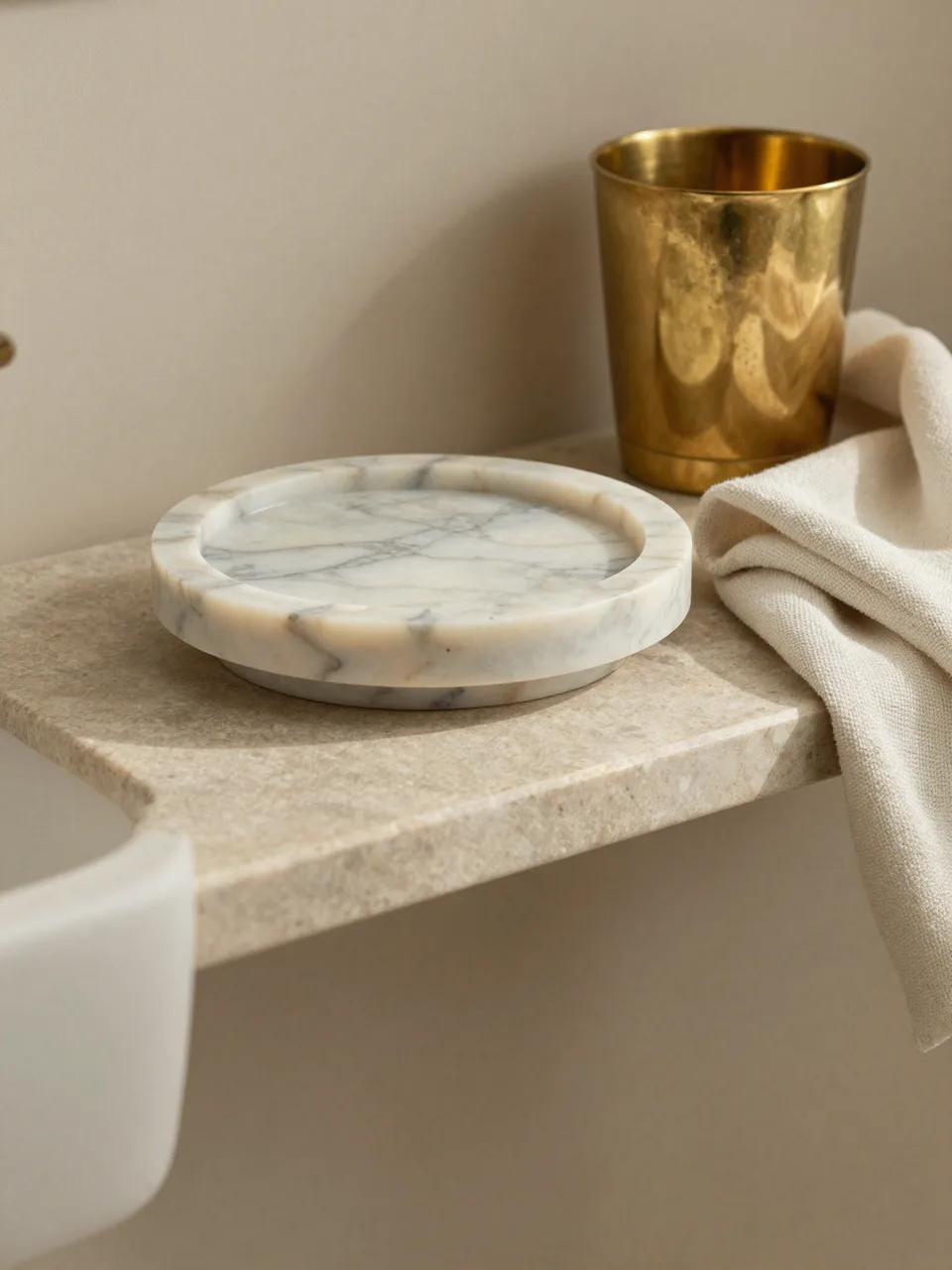 A marble soap dish beside a brushed brass tumbler