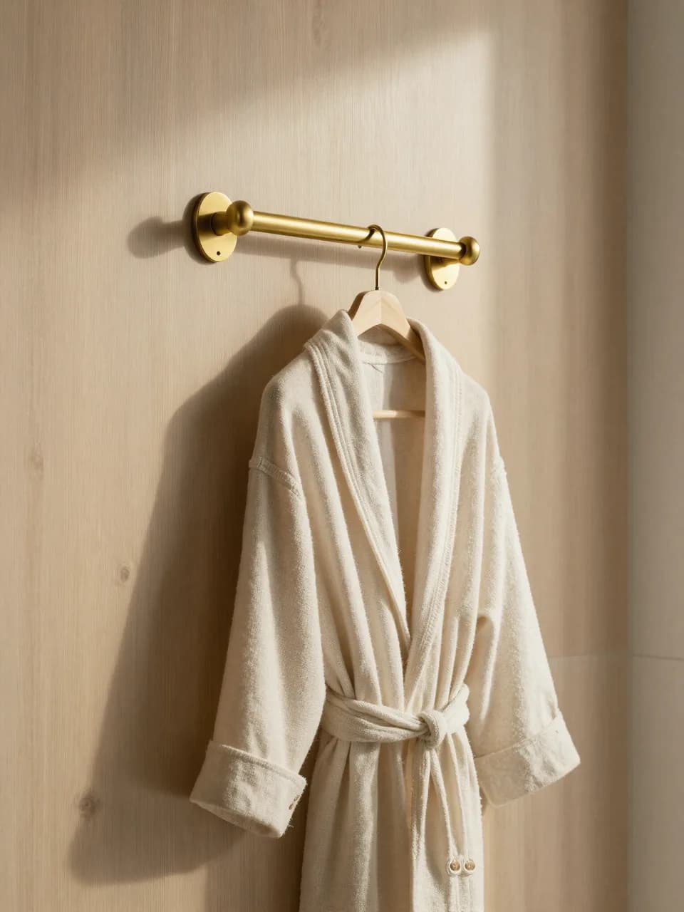 A robe hung from a brushed brass hook against oak panelling
