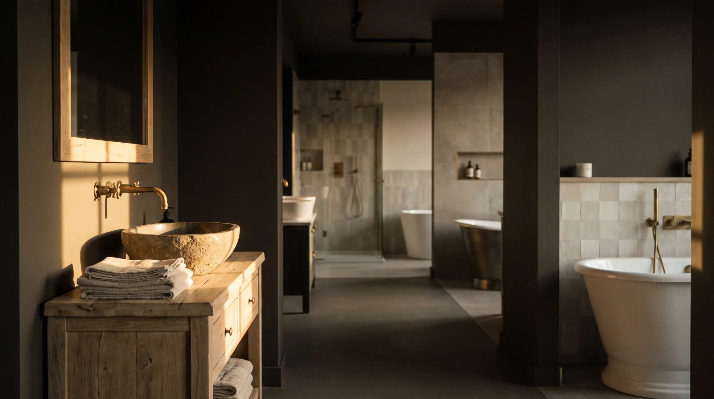 A quiet corner of the showroom at the end of the day, display bathrooms receding into warm shadow
