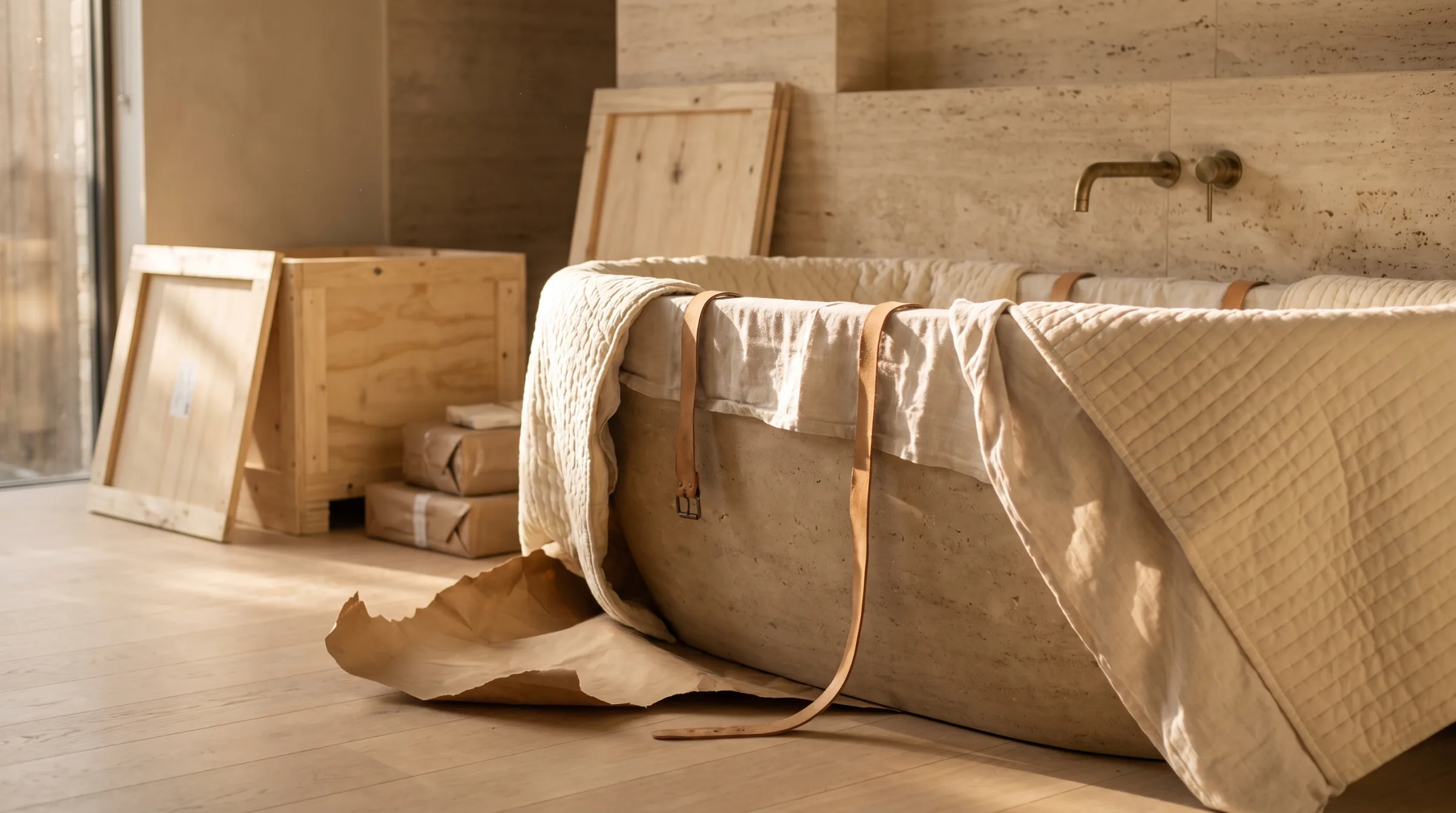 A delivered stone bath being unwrapped from its quilted blankets and leather straps, timber crates alongside