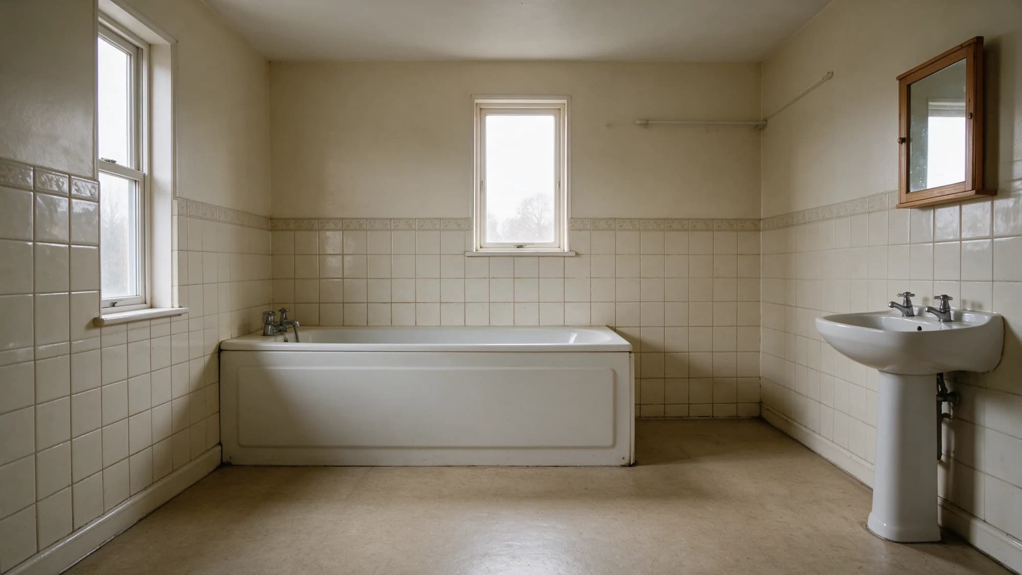 A dated 1990s bathroom before its AGW renovation, with a boxed-in acrylic bath, cream tiling and worn vinyl flooring